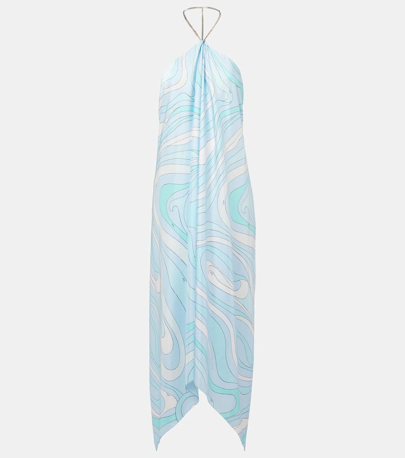Blue Asymmetric Twill Midi Dress