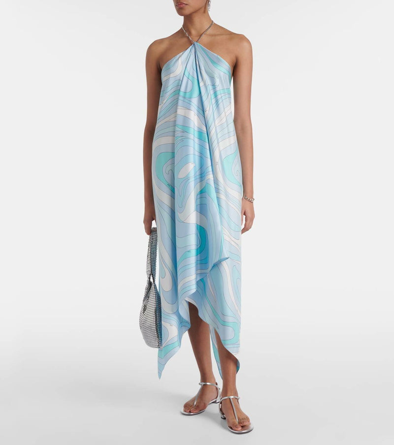 Blue Asymmetric Twill Midi Dress
