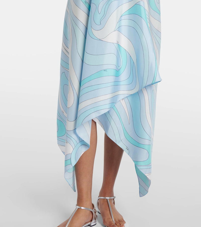 Blue Asymmetric Twill Midi Dress